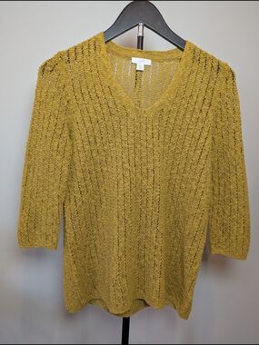 J Jill Sweater Womens Size XS PETITE Mustard Yellow Open Knit Cotton V Neck